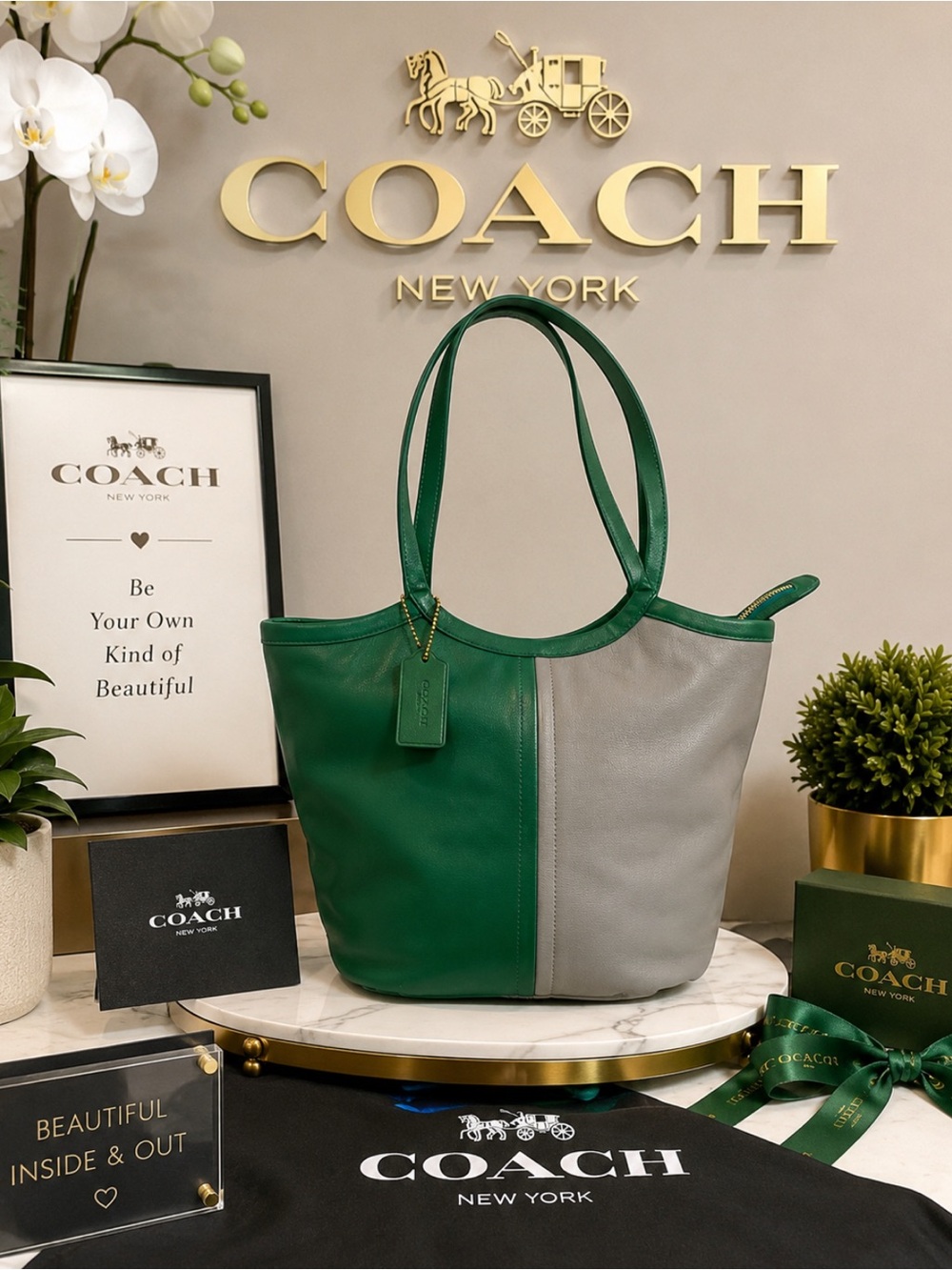 COACH Bea Leather Tote Color Block Green and Gray Leather C-2594